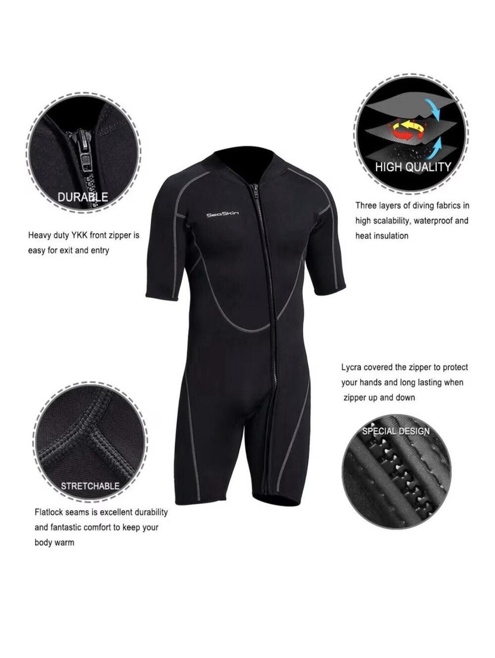 Seaskin Men’s Front-Zip Shorty Wetsuit - Size 4XL (XXXXL) - Black